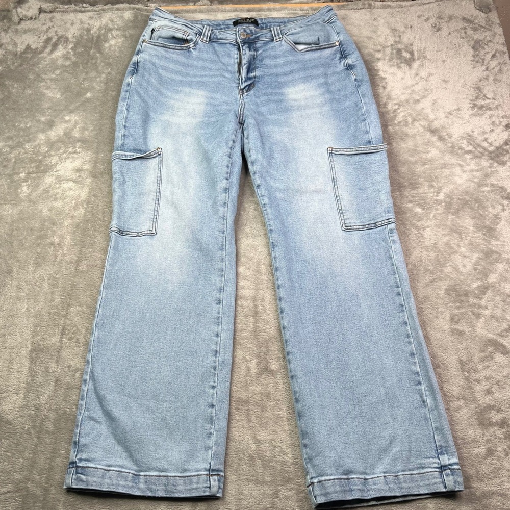 Judy Blue Wide Leg Cargo Jeans Womens 18W Light Wash Solid Stretch Utility Denim